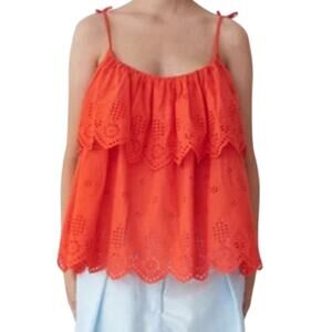 Stella Nova NWT Alberthe Ruffle Top Orange Red Size 40 US L Eyelet Shoulder Tie